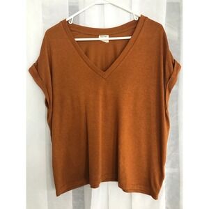 Mod Ref Womens Burnt Orange Rust V-Neck Short Sleeve Rolled Cuff Knit Top Small